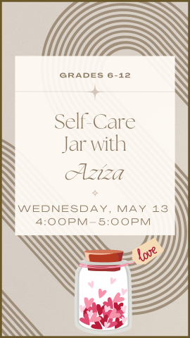 tan background with dark brown squiggly lines, a cartoon jar on the bottom with red hearts, and program details