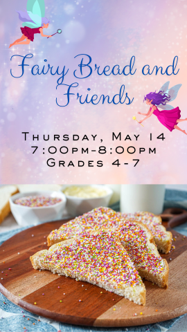 slices of bread cut into triangles with sprinkles all over on a round wooden plate and program details