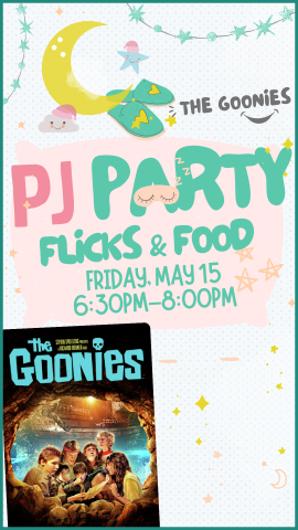 movie still from The Goonies, cartoon moon, and program details