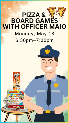 cartoon police officer with a pile of board games on a table, and program details