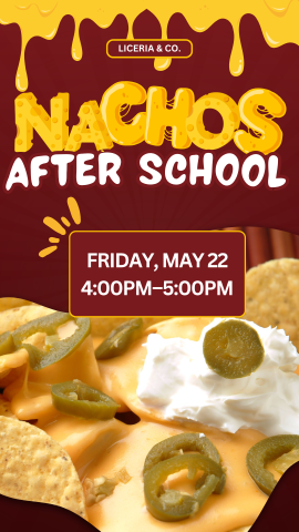 tortilla chips with cheese melted on them, sour cream, and jalapenos, and program details