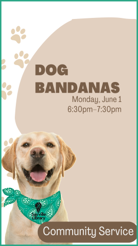 yellow lab dog with a teal sayville library bandana, paw prints, and program details
