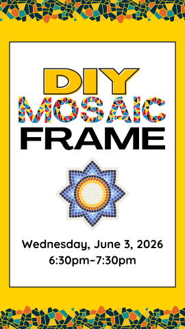 yellow background with mosaic tiles on top and bottom, mosaic sun in the middle, and program details