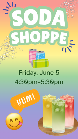 pastel rainbow background with fizzy drinks in yellow, green and red, cans of soda, smiley face, and program details