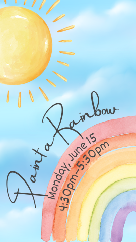 blue sky, rainbow up front with sun in left corner, and program details