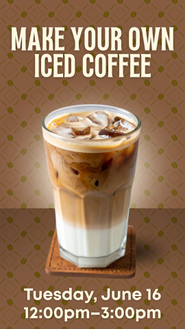 brown background with iced coffee at center on a brown coaster and program details