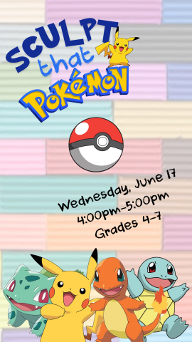 colorful clay background, 4 pokemon characters at the bottom, and program details