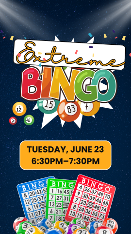 black background with bingo boards and bingo balls, and program details