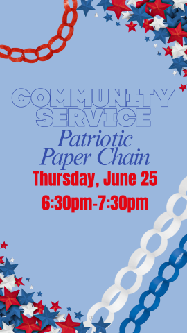 light blue background with red, white, and blue stars and paper chains in the corners, and program details