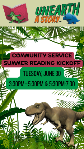 jungle background, mean dinosaur in bottom corner, and program details