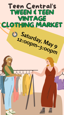 two girls shopping at a thrift market with event details