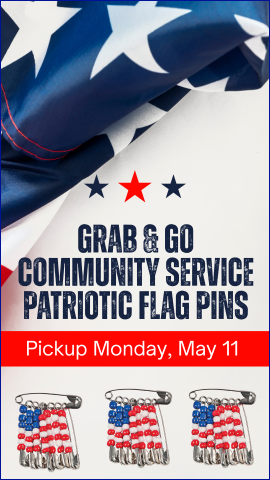 3 flag pins on a table with an american flag in the background and program details