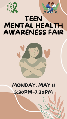 beige background with cartoon girl in the middle hugging herself, three hearts around the girl, and program details