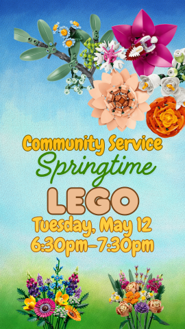 3 sets of lego flower bouquets with a sky background and program details