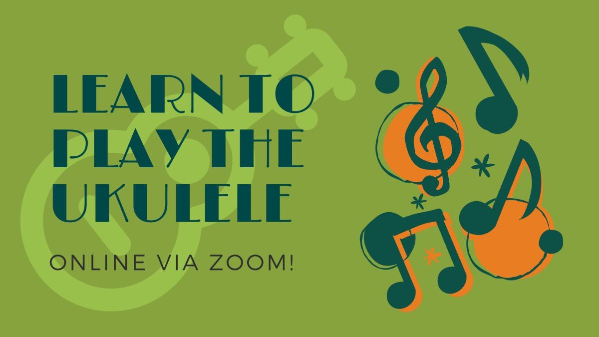 Image with a ukulele on it and musical notes to advertise ukulele program