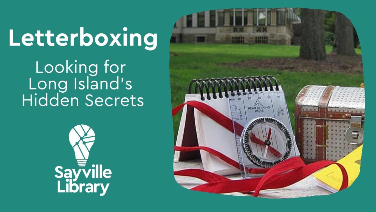 Image of some 'letterboxing' materials (a compass, treasure chest, notebook)