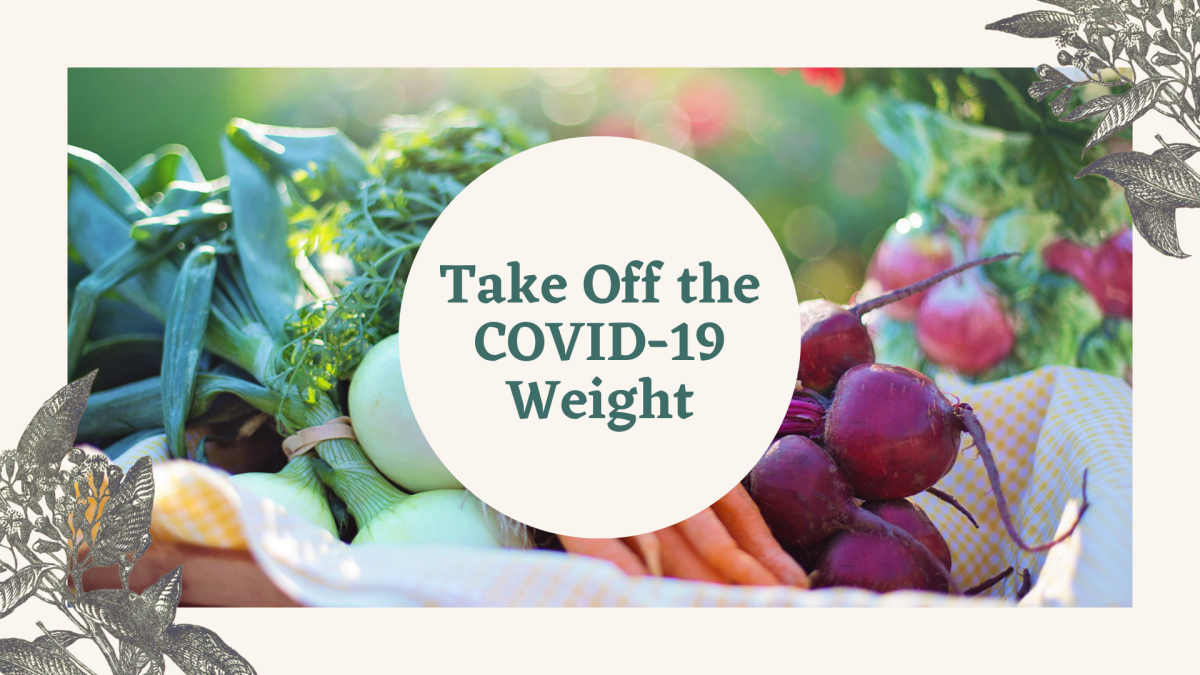 A photograph of a basket of fresh vegetables with graphic images of plants on each corner.