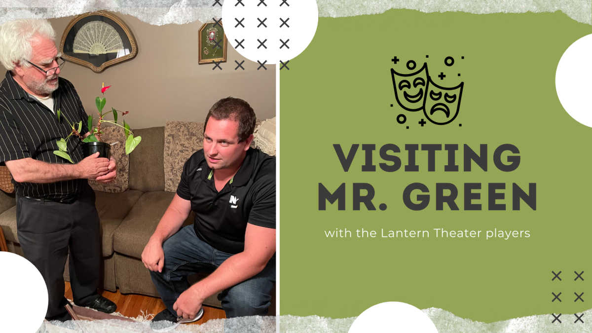 A photograph of the two actors from the play on a couch, the older one is holding a plant.