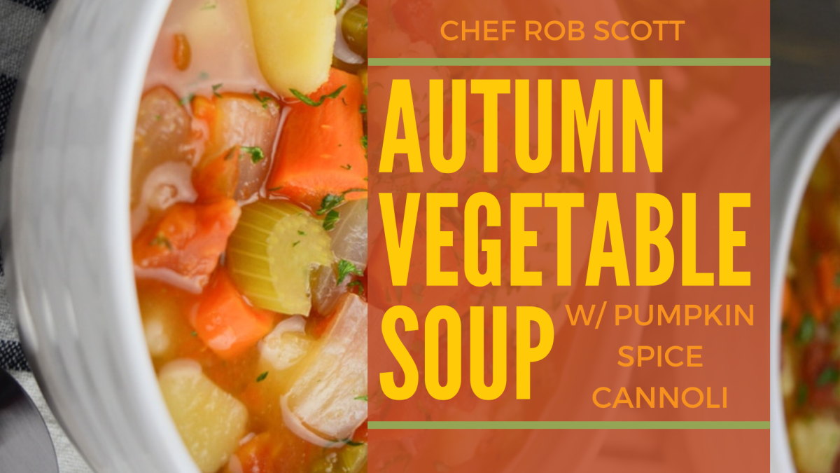 A photo of a bowl of autumn vegetable soup.