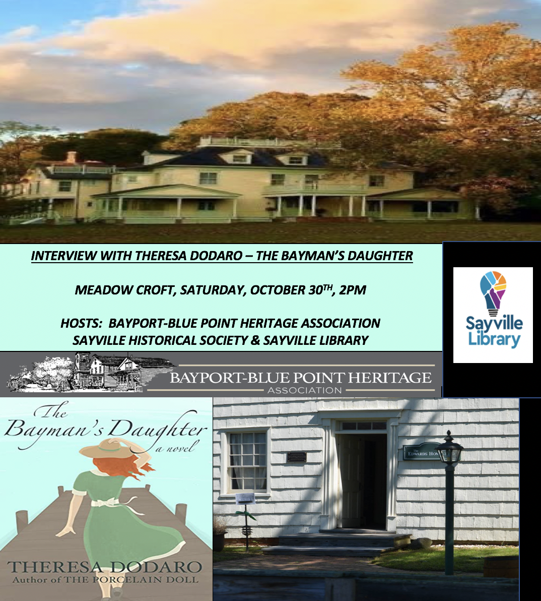 Poster advertising Meadowcroft Bayman's Daughter Author Chat with Theresa Dodaro