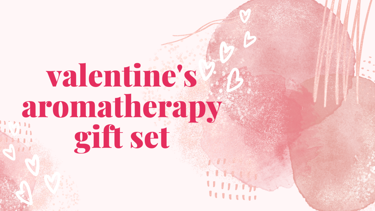 Different amorphous pink shapes in the background as well as white graphic hearts