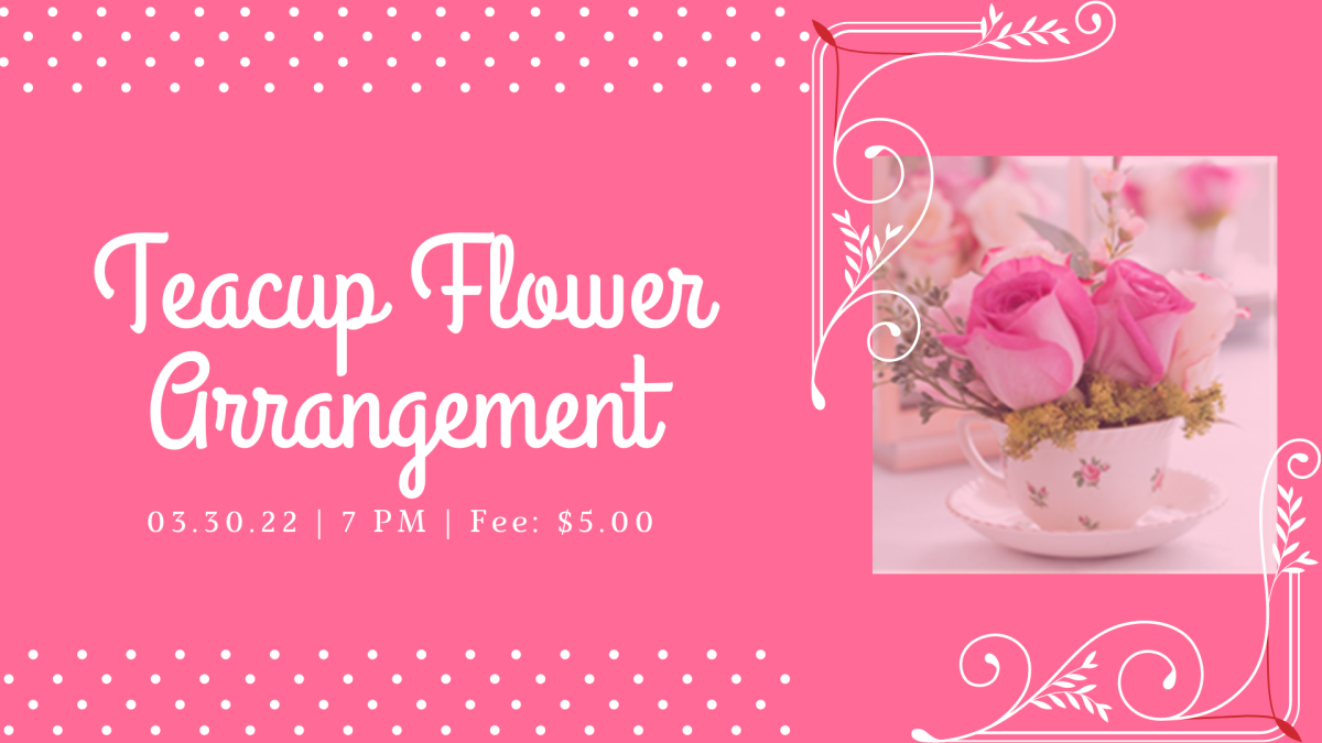 Photo of a antique-looking teacup with a flower arrangement on a pink background.