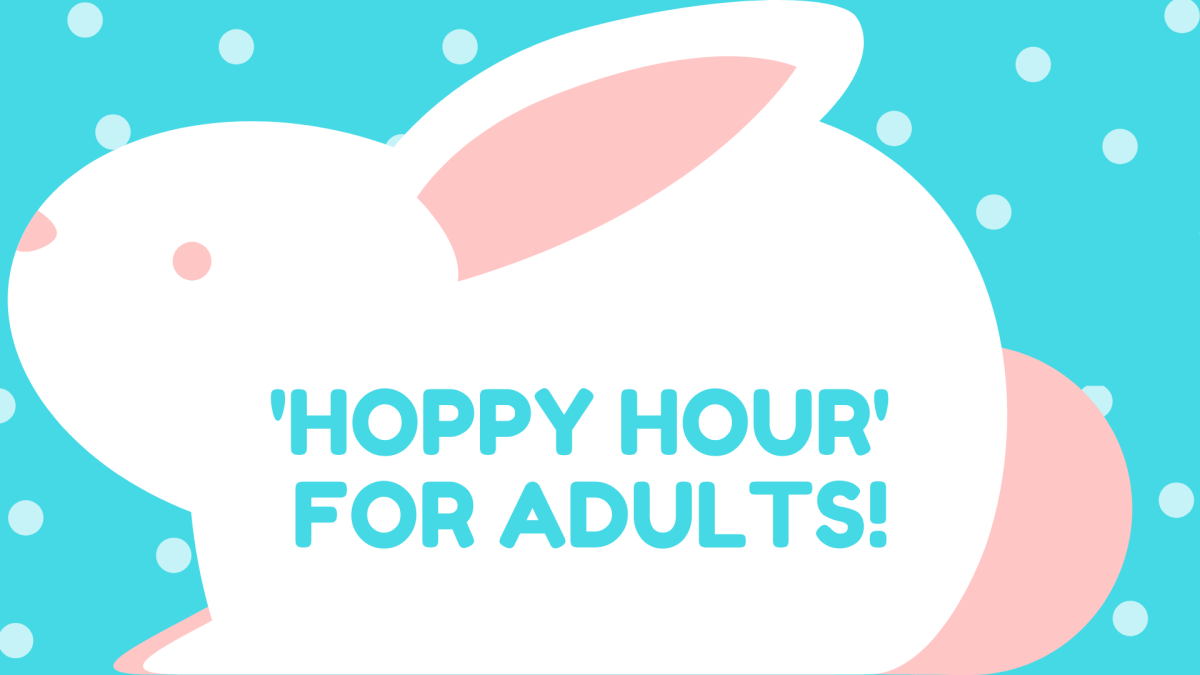 a graphic image of a white bunny on a blue background with white polka dots.