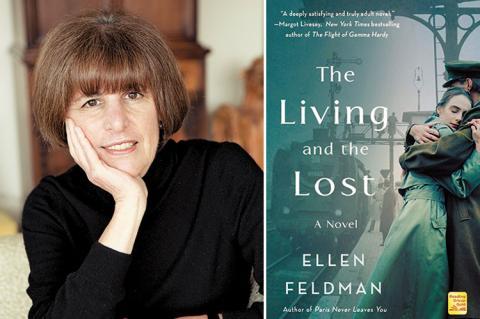 A photograph of the author next to the book cover of her novel The Living and the Lost.