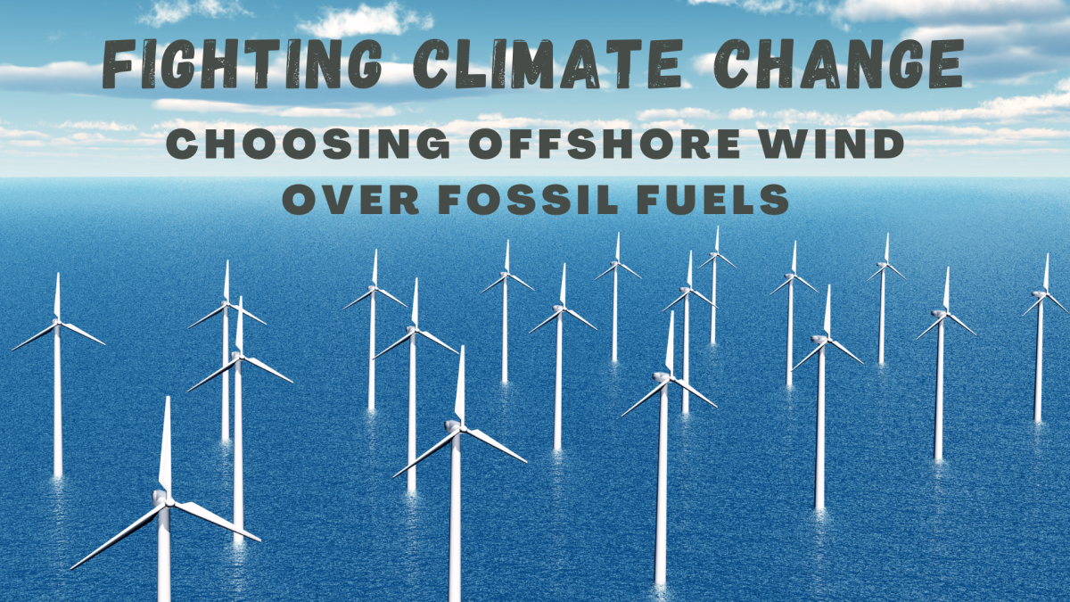 A photograph from above of a cluster of offshore windmills