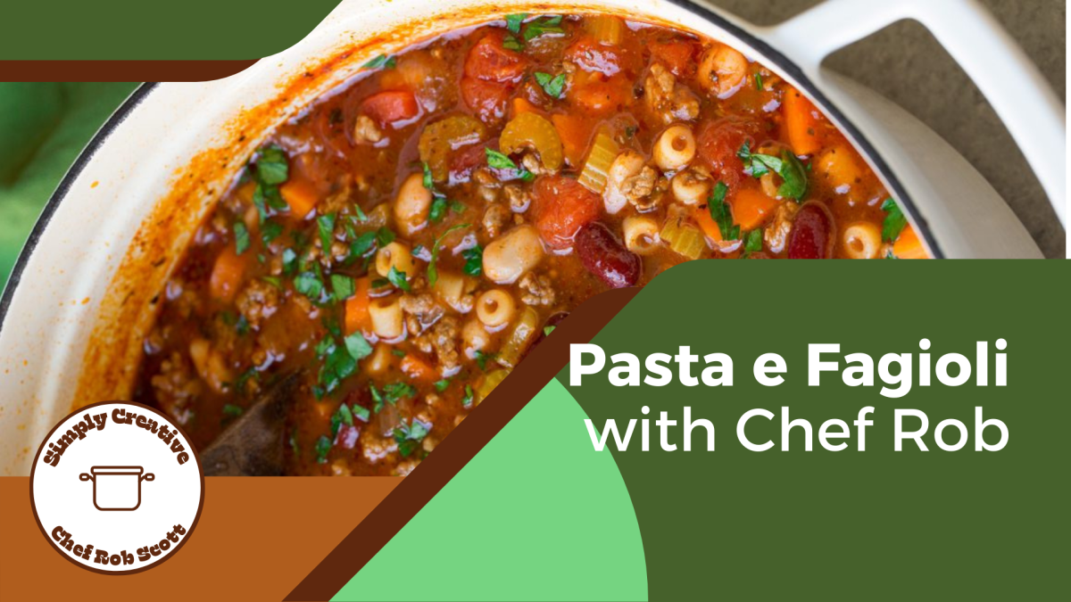 a photo from above of a soup pot full of pasta e fagioli