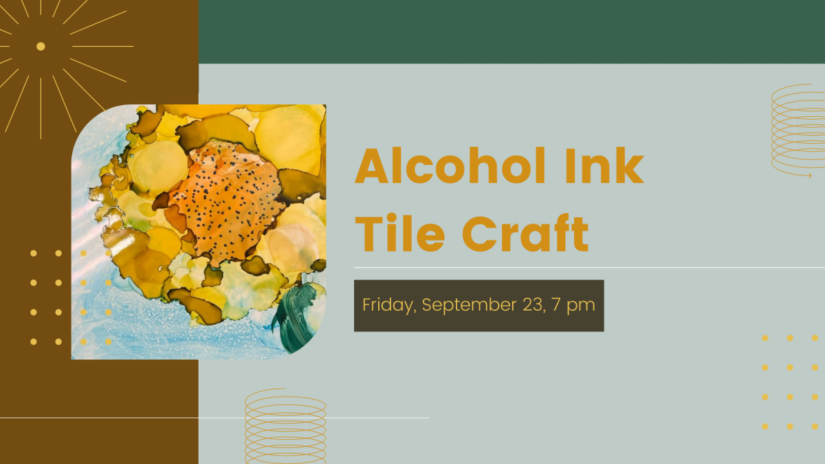 A photo of a sample tile that will be painted on a background of complementary colors and shapes.