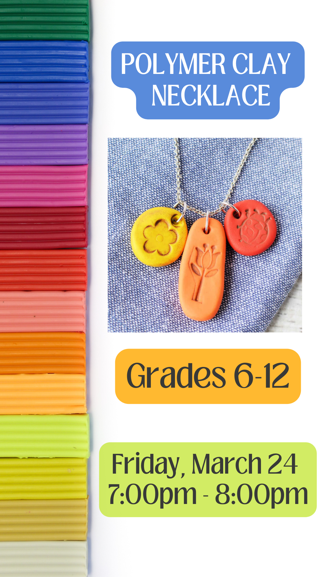 colorful polymer clay and three examples of a pendant