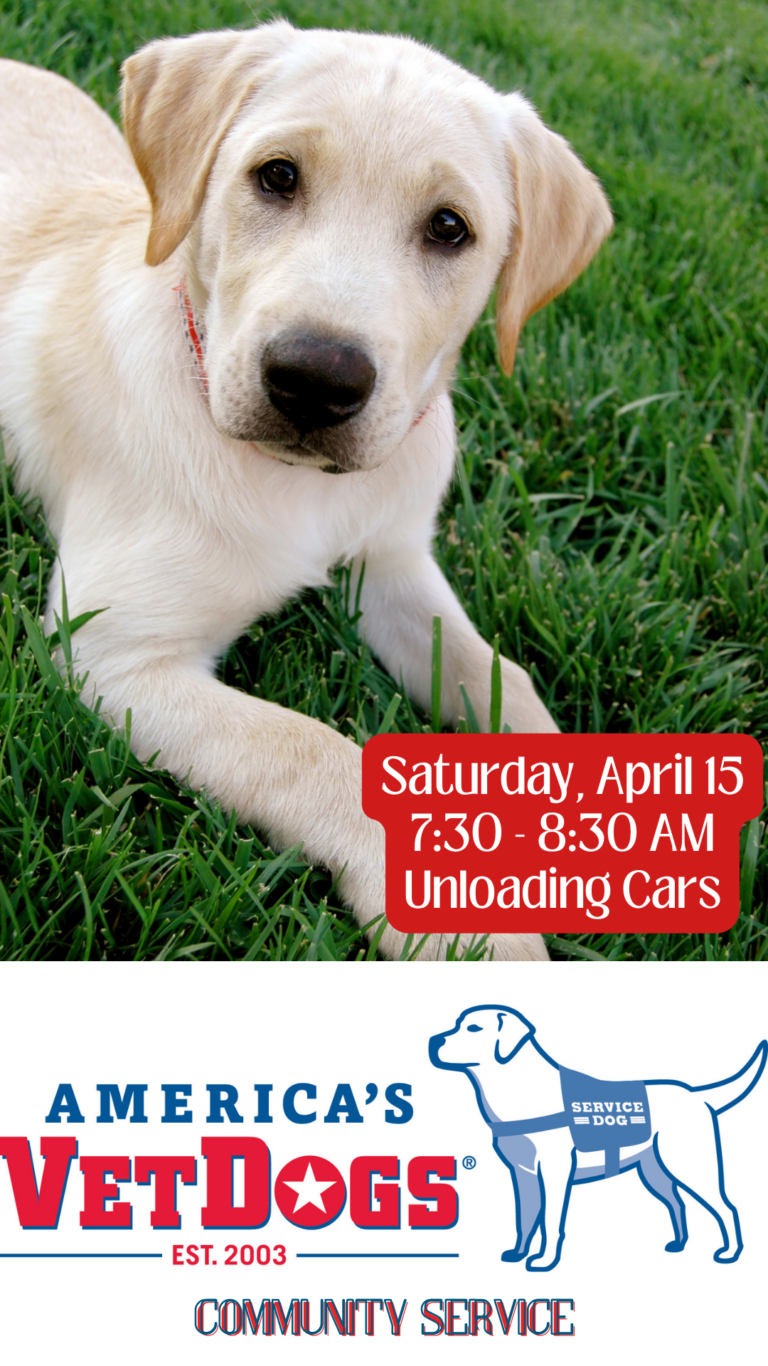 Yellow Golden Lab puppy with the America's VetDogs logo and info on event