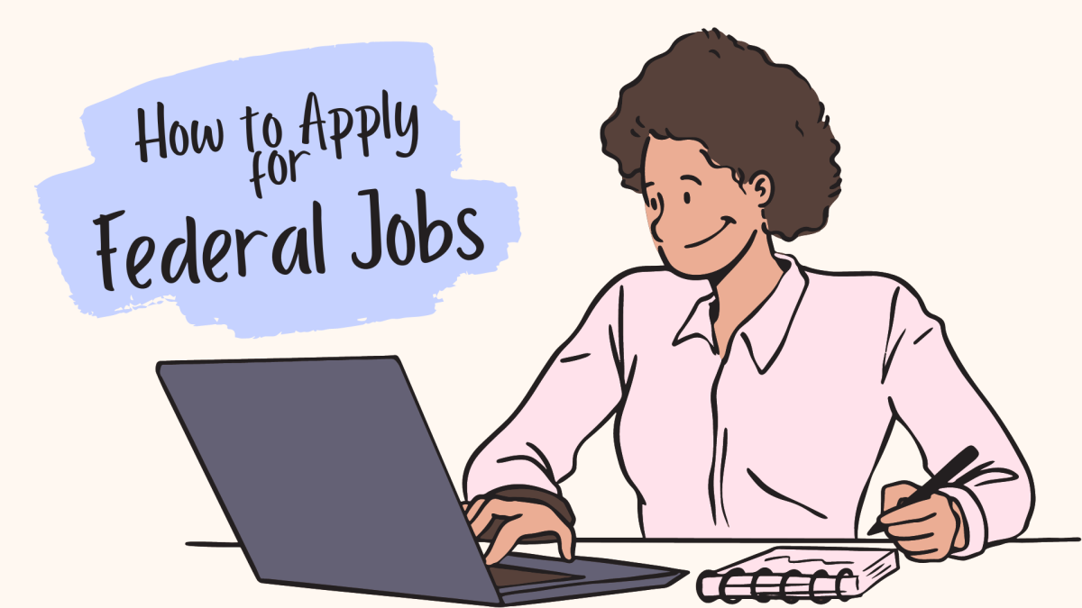 Graphic image of a woman looking at a laptop and writing on a pad