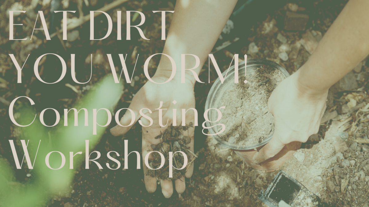 An open palm holding compost over the ground.