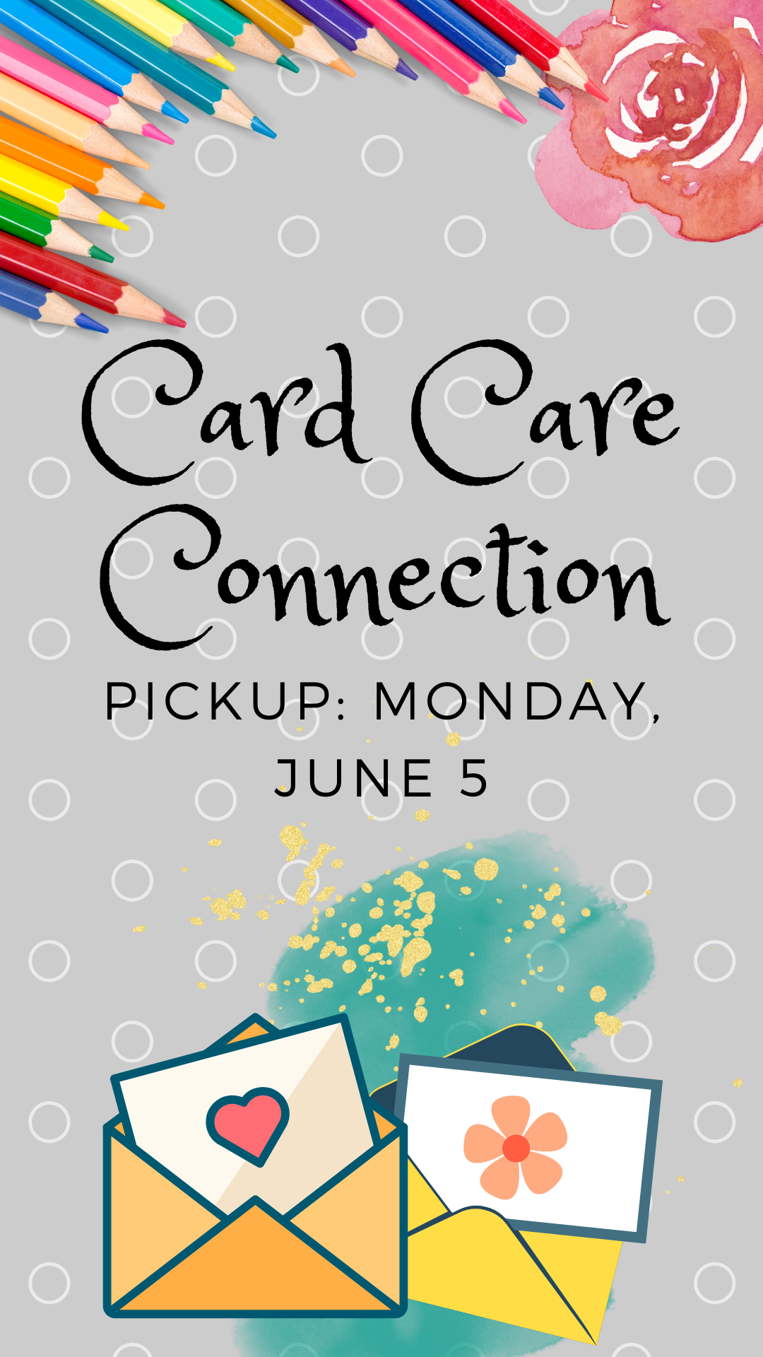 envelopes and paper with program details and colored pencils