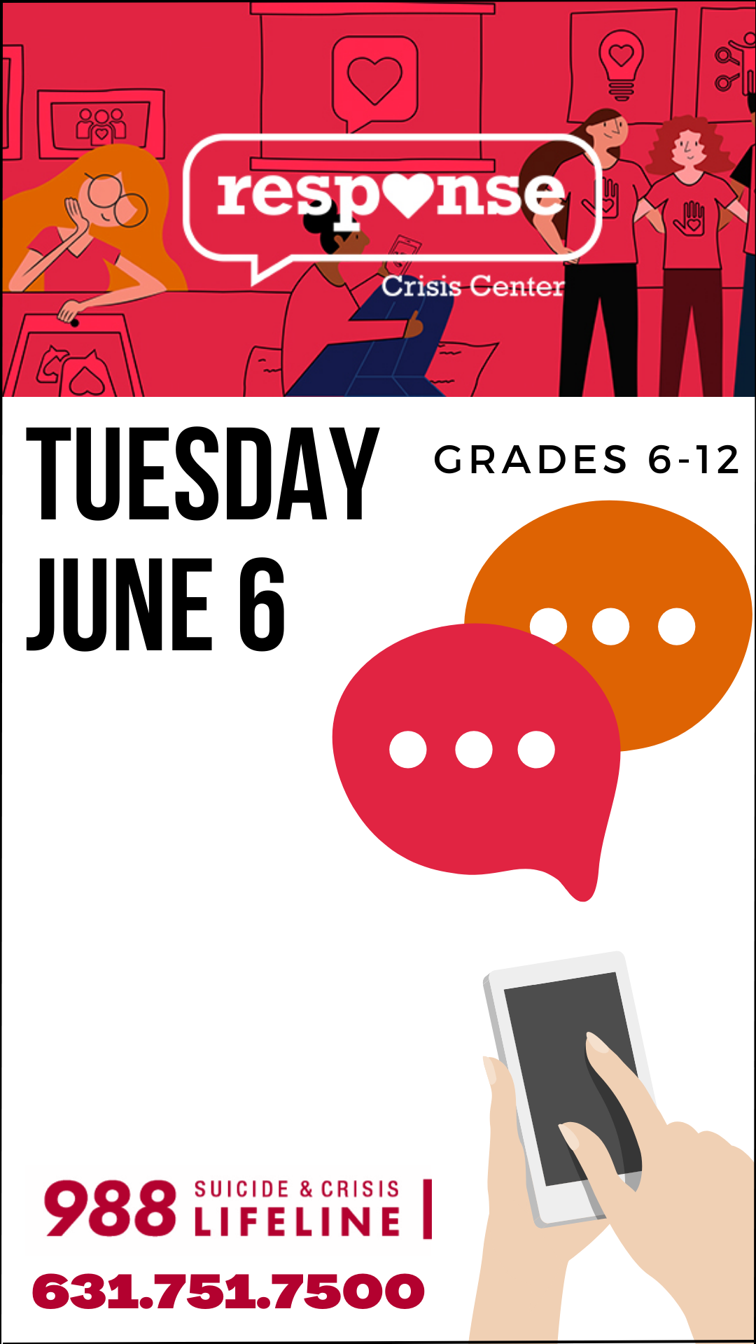 red logo for the response crisis center with people on image