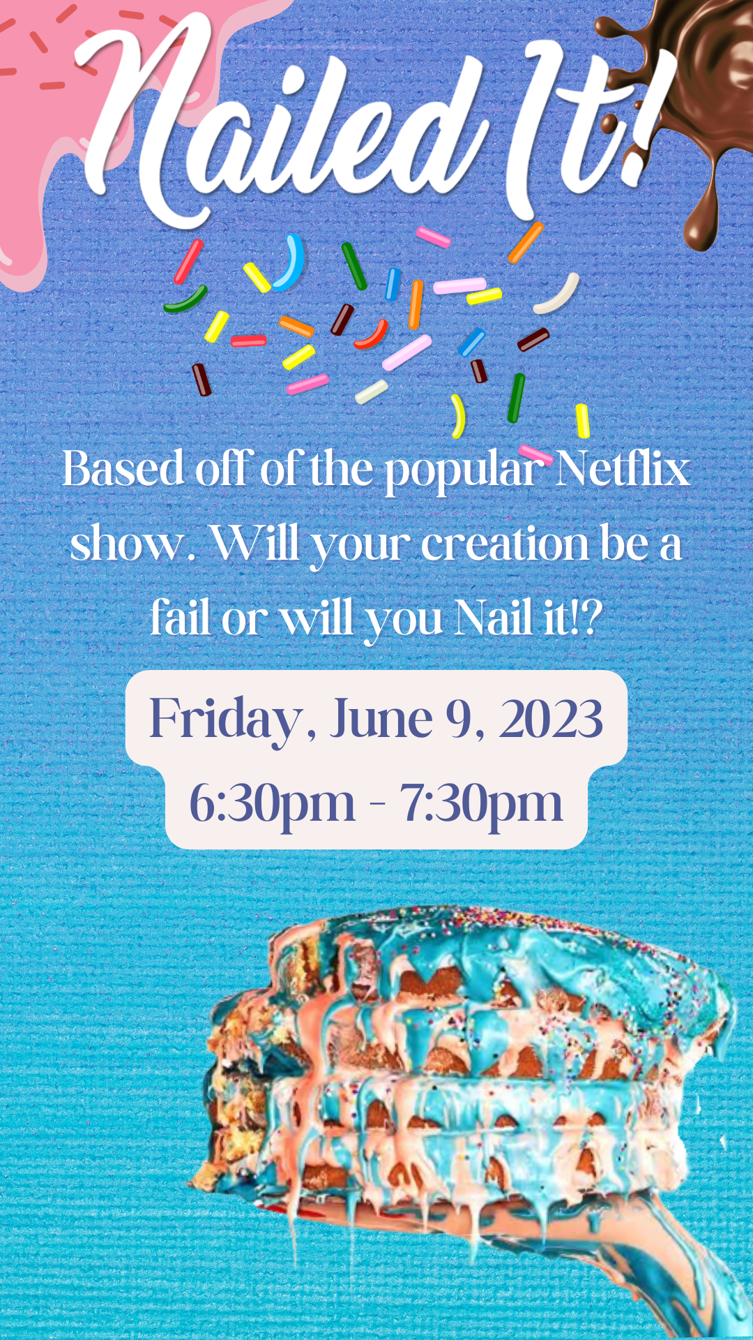 program information and messy baked good