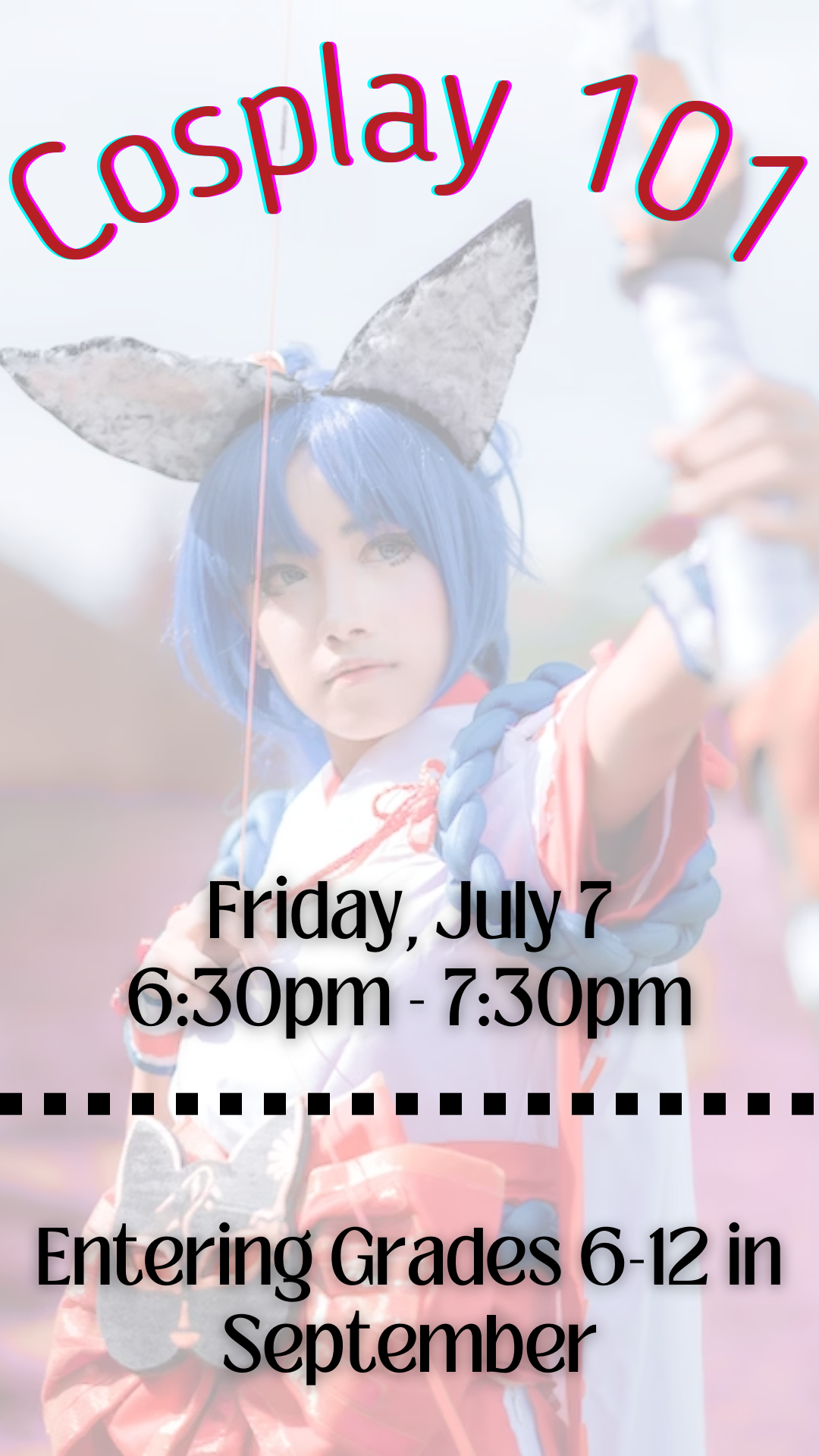 young girl dressed in cosplay with program details