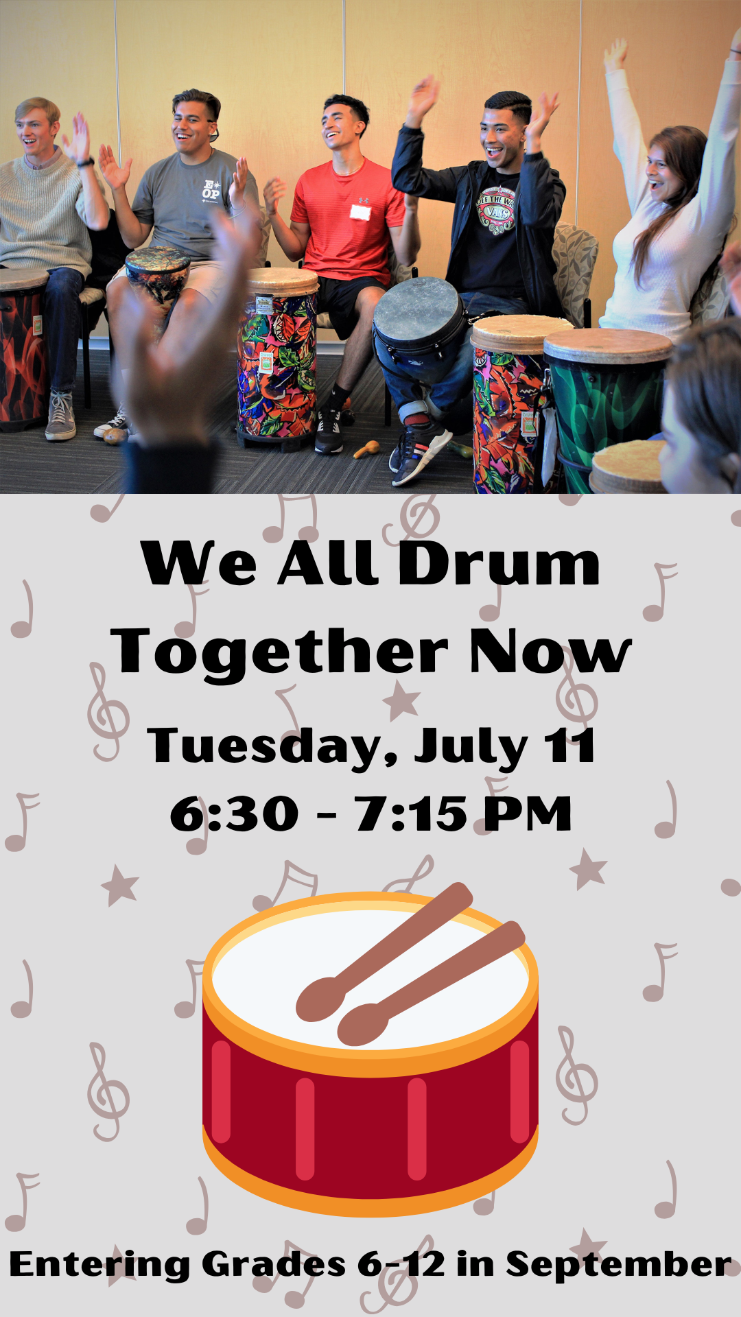 teens in a drum circle and program information