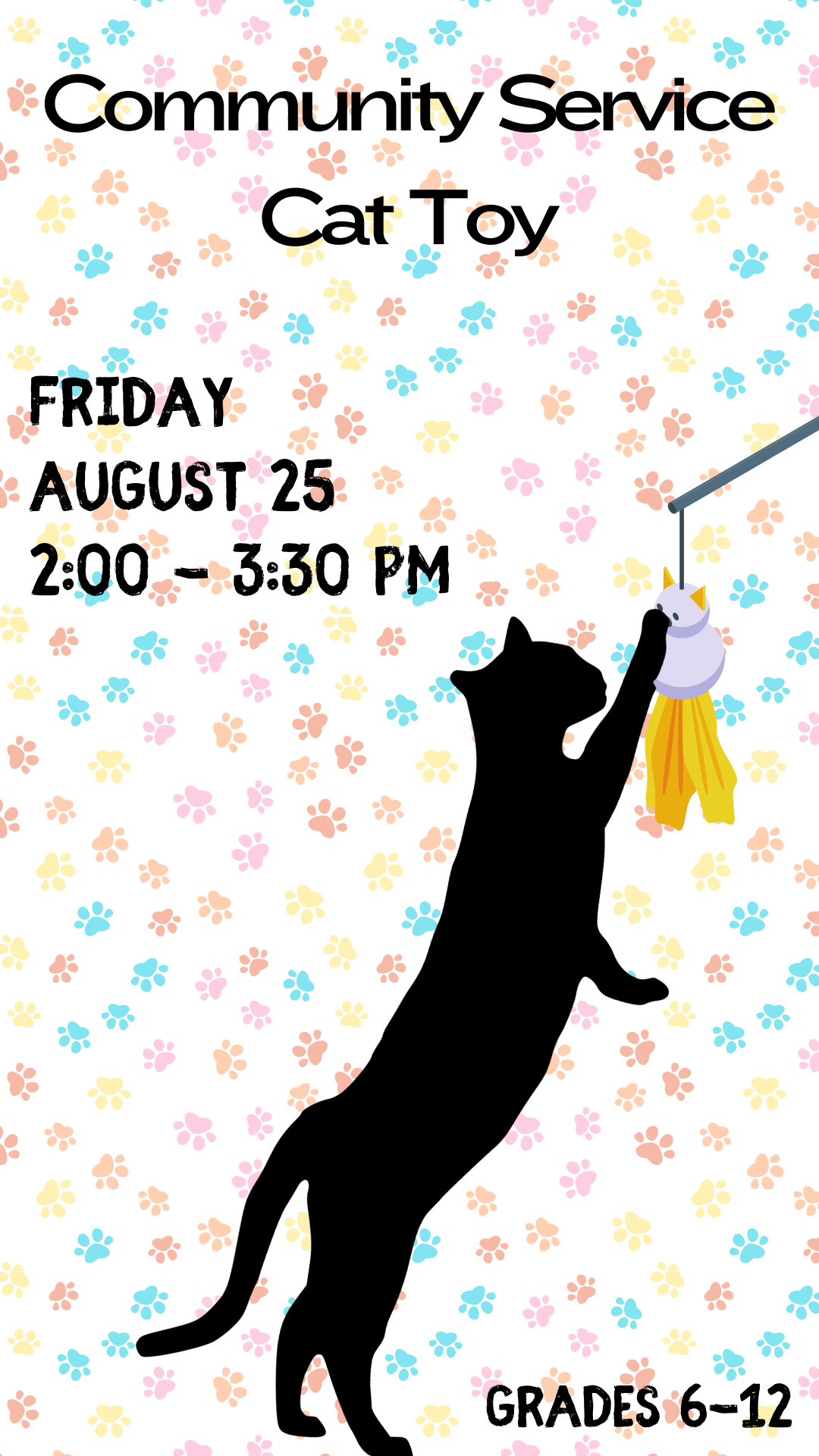 cat silhouette playing with a toy and program details