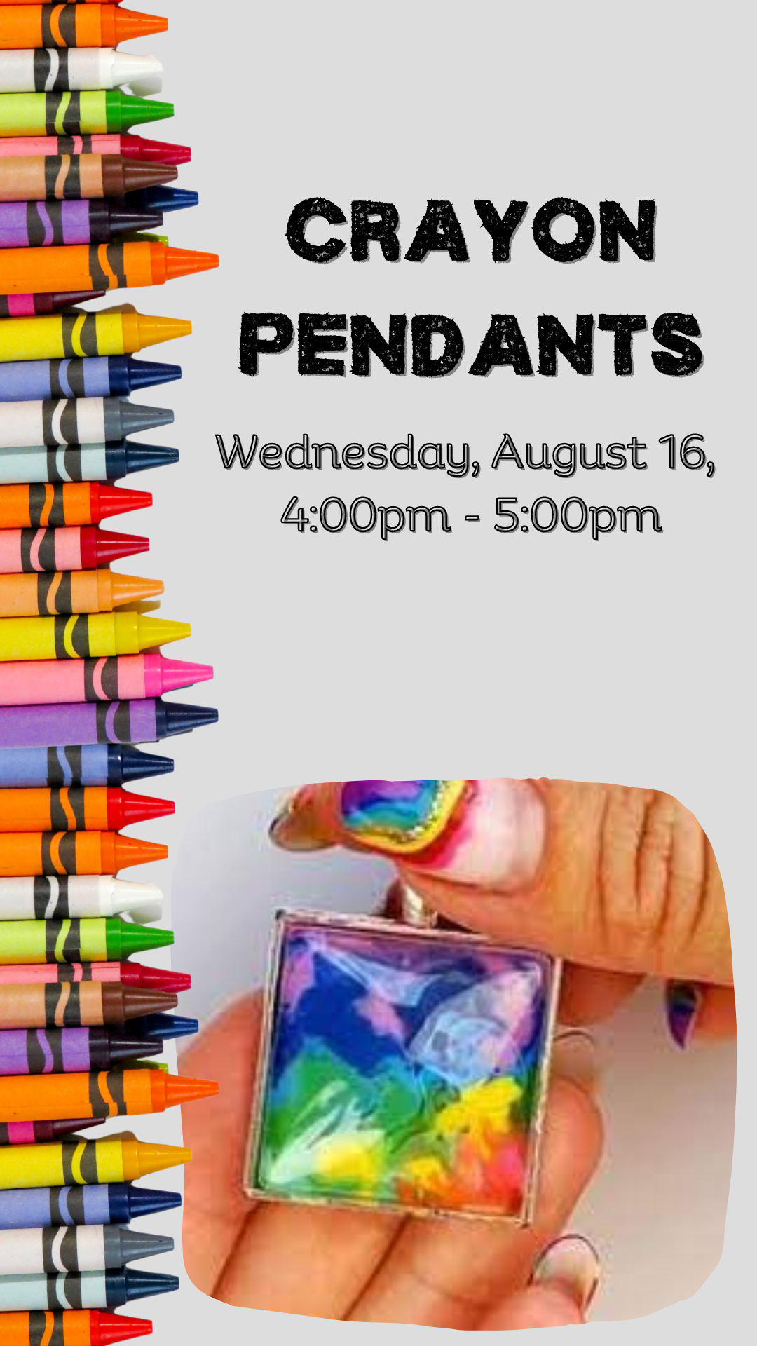 crayons lining the edge, crayon pendant and program details