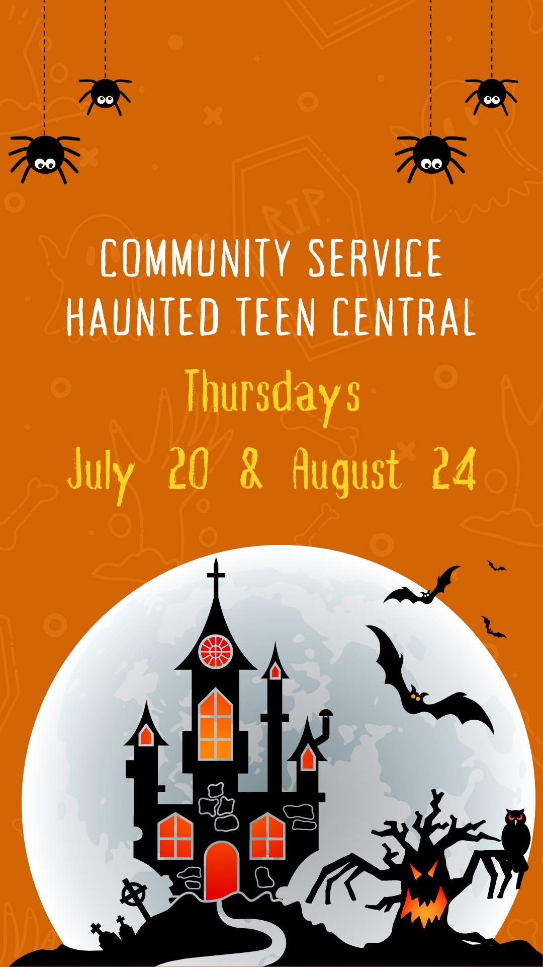 moon, haunted house, bats, and program details