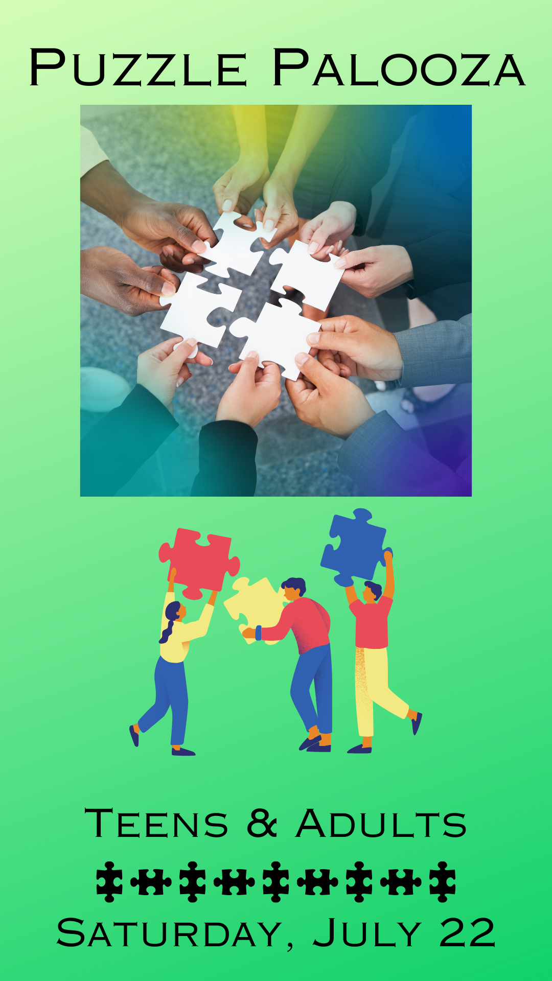 people putting puzzle pieces together and program details