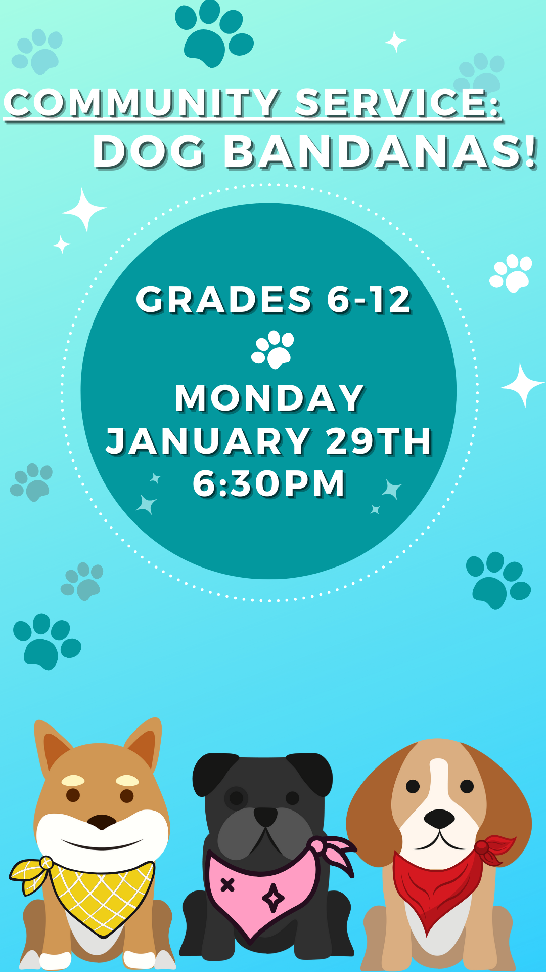 cartoon dogs with bandanas and program details