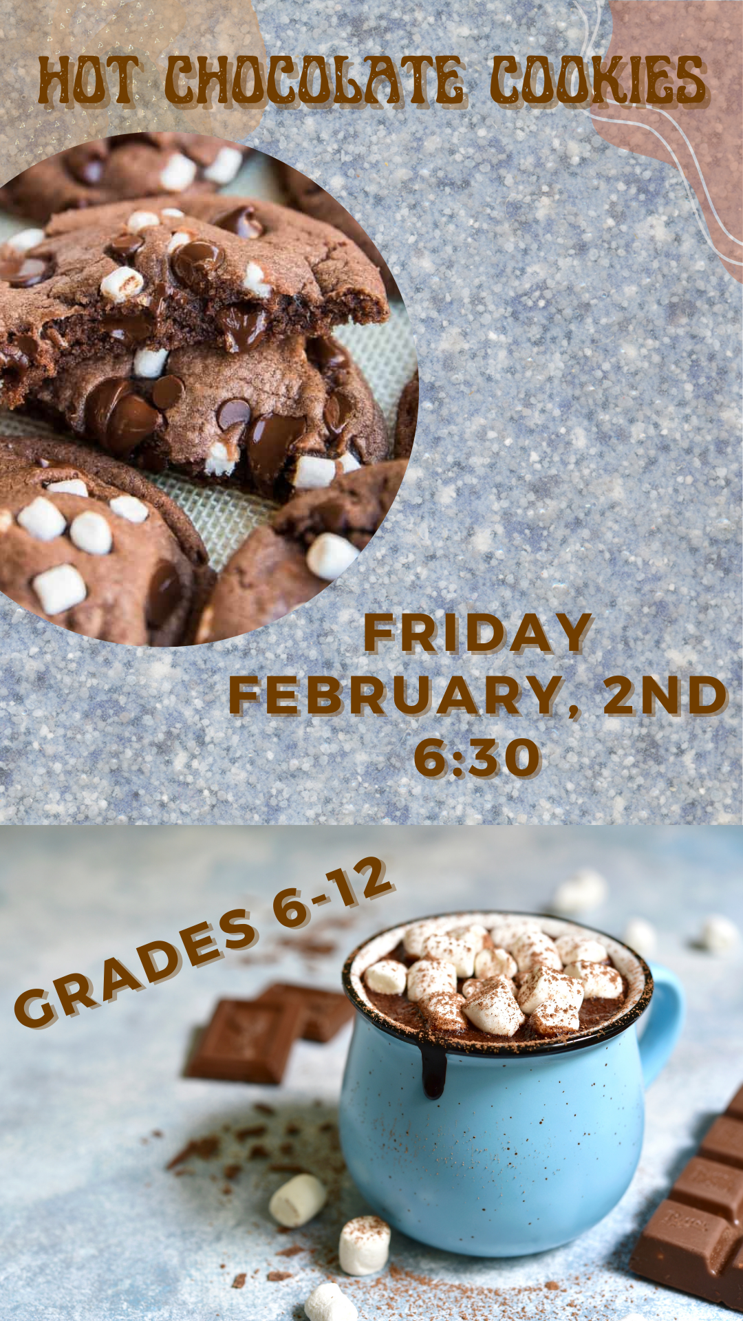 cup of hot chocolate, cookies, and program details