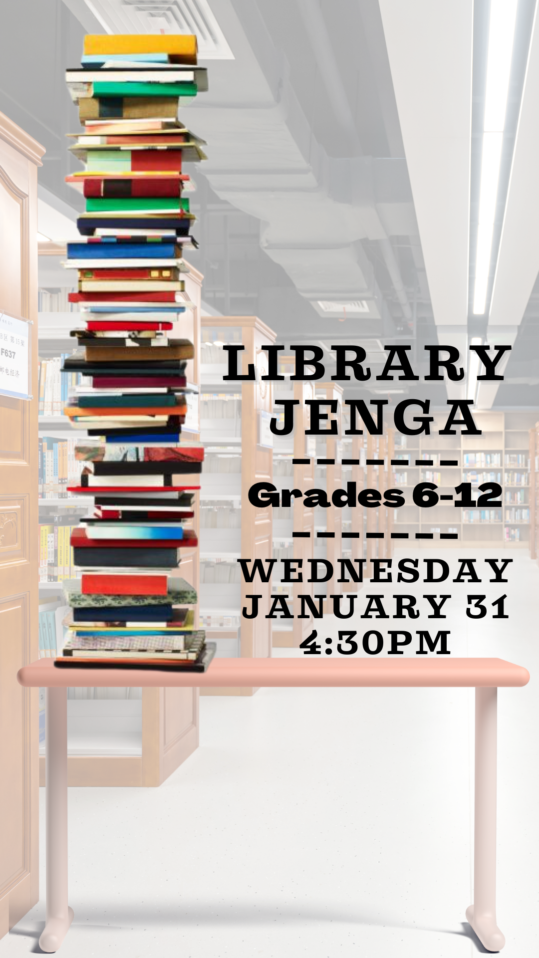 library books stacked on a table and program details