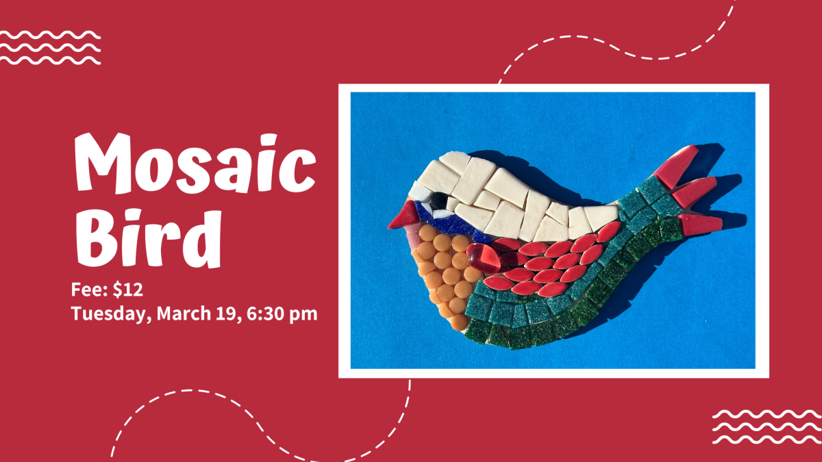 A bird mosaic craft made with multi-colored ceramic pieces 