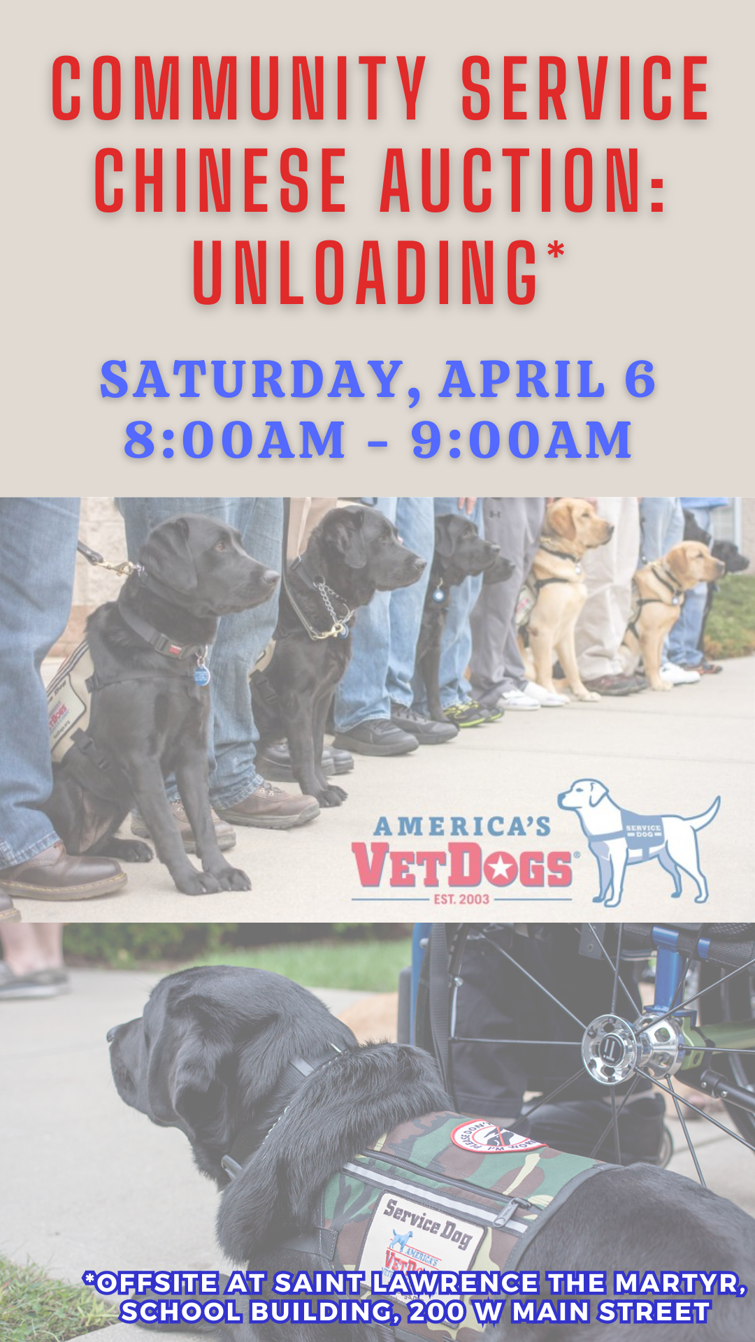 vetdogs logo with pictures of black and yellow labs working and program details