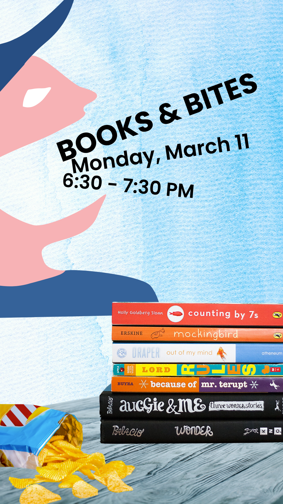 pile of books, chips, and cartoon person with mouth open and program details